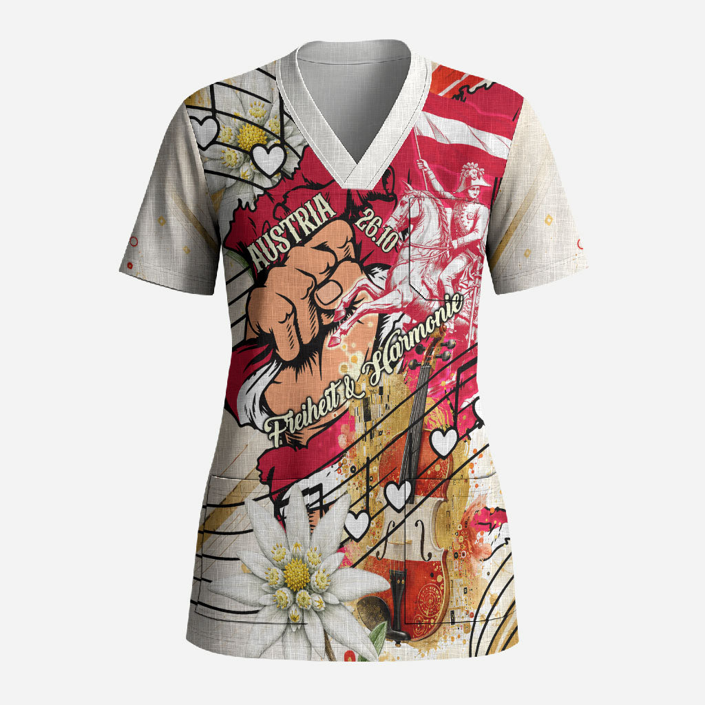 Austria National Day Flag Eagle Edelweiss Scrub Top Vintage Austrian Heritage Flag Coat Of Arms Patriot