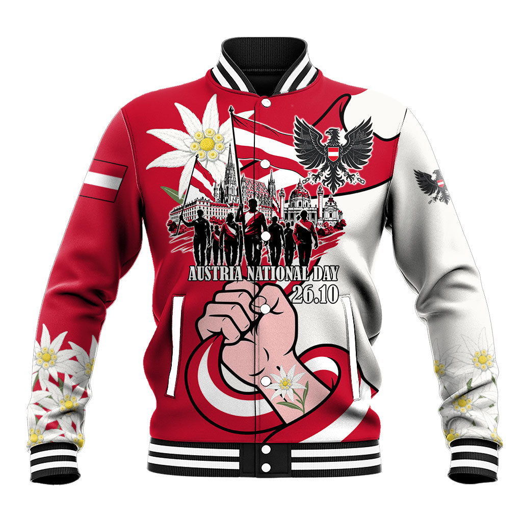 Austria National Day Flag Baseball Jacket Austrian Heritage Eagle Edelweiss Patriotic Landmarks