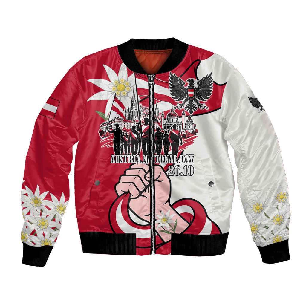 Austria National Day Flag Bomber Jacket Austrian Heritage Eagle Edelweiss Patriotic Landmarks