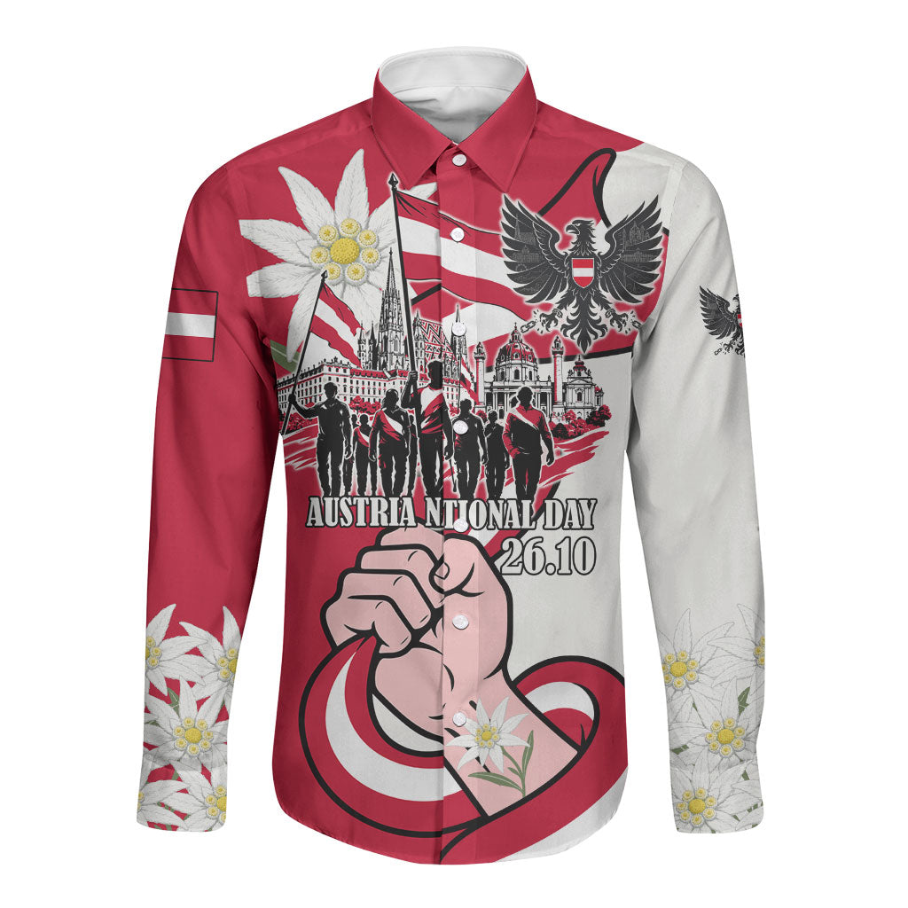 Austria National Day Flag Long Sleeve Button Shirt Austrian Heritage Eagle Edelweiss Patriotic Landmarks