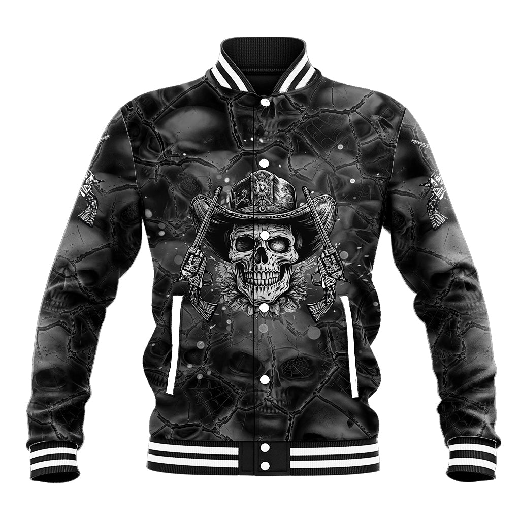 Unisex black baseball jacket with cowboy skull print and white stripe ribbed collar