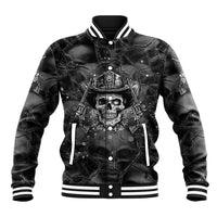 Unisex black baseball jacket with cowboy skull print and white stripe ribbed collar