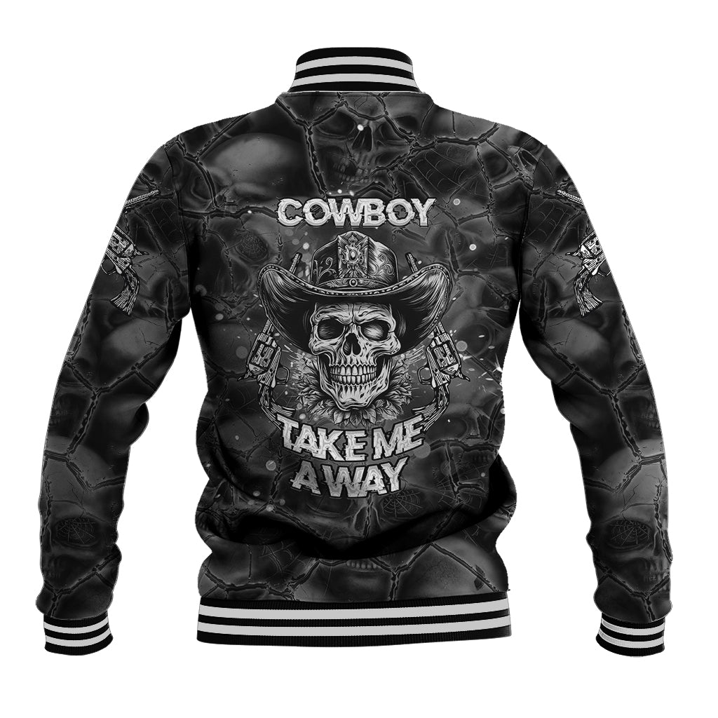 Unisex black baseball jacket back with cowboy skull and 'COWBOY' 'TAKE ME AWAY' text