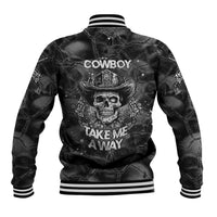 Unisex black baseball jacket back with cowboy skull and 'COWBOY' 'TAKE ME AWAY' text