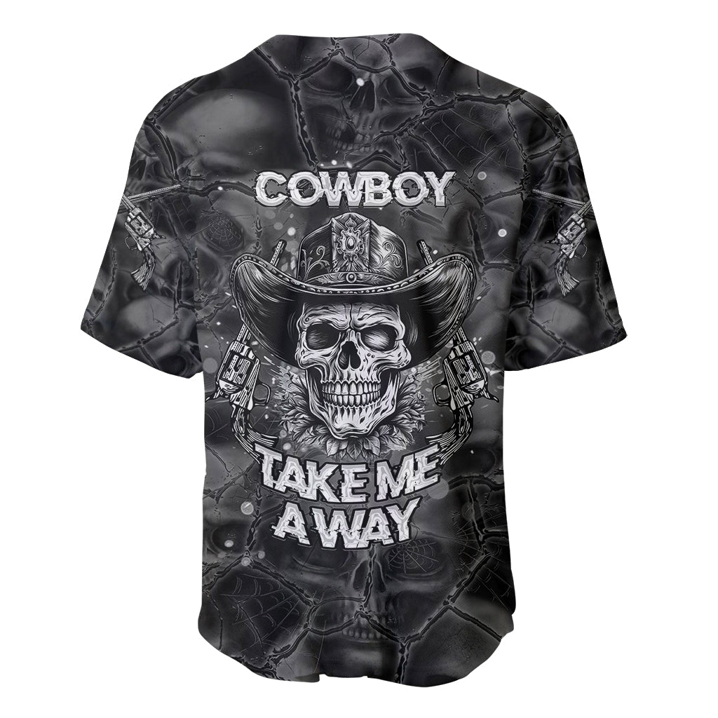 Black baseball jersey with COWBOY and TAKE ME AWAY text, skull and hat graphic