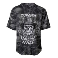 Black baseball jersey with COWBOY and TAKE ME AWAY text, skull and hat graphic