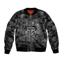 Unisex black bomber jacket with cowboy skull graphic, front zip and orange collar lining