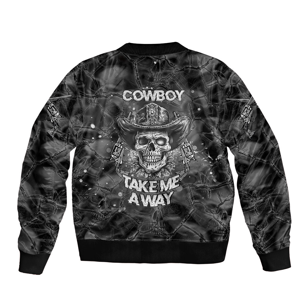 Unisex black bomber jacket with cowboy skull back graphic and 'COWBOY TAKE ME AWAY' text