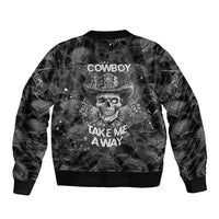 Unisex black bomber jacket with cowboy skull back graphic and 'COWBOY TAKE ME AWAY' text