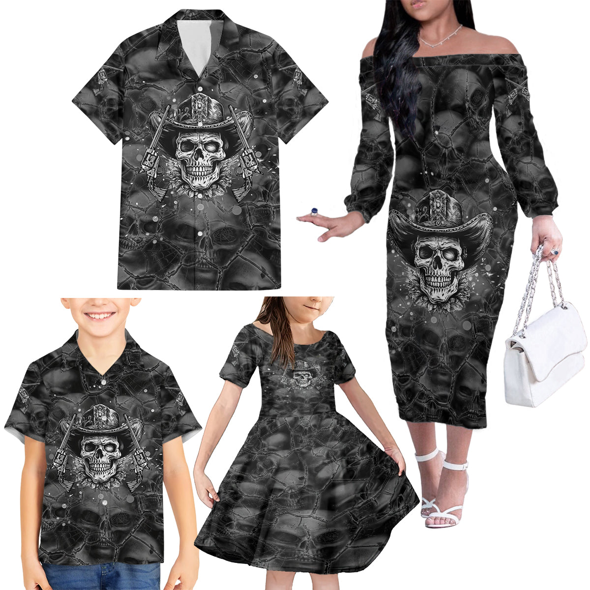 Cowboy Skull Family Matching Off Shoulder Long Sleeve Dress and Hawaiian Shirt Cowboy Take Me Away - Wonder Print Shop