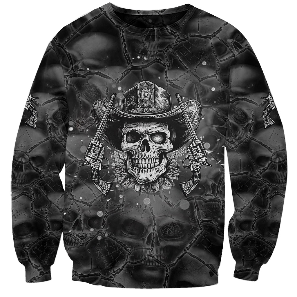 Black unisex sweatshirt with skull wearing cowboy hat and crossed guns graphic