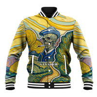 Multicolor skull baseball jacket with striped ribbed collar, snap front, illustrated sleeves