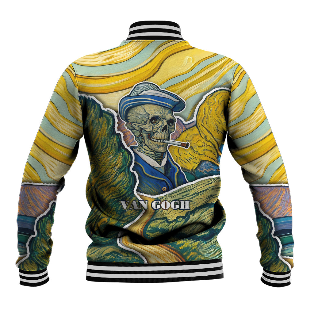 Multicolor skull baseball jacket, illustrated back panel, striped ribbed cuffs and hem
