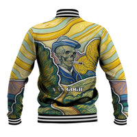 Multicolor skull baseball jacket, illustrated back panel, striped ribbed cuffs and hem