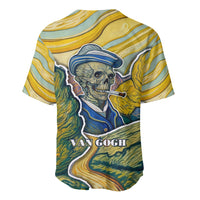 Multicolor baseball jersey back with skull portrait, “VAN GOGH” text, striped yellow/blue