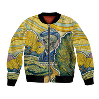 Unisex bomber jacket with multicolor skull artwork, front zipper, ribbed cuffs and hem