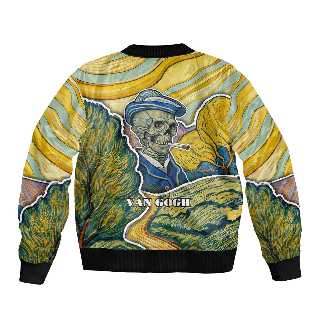 Unisex bomber jacket, multicolor skull graphic and 'VAN GOGH' text, ribbed collar and hem