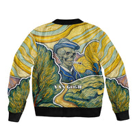 Unisex bomber jacket, multicolor skull graphic and 'VAN GOGH' text, ribbed collar and hem