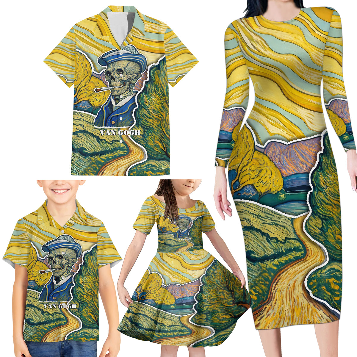 Vincent Van Gogh Skull Family Matching Long Sleeve Bodycon Dress and Hawaiian Shirt - Wonder Print Shop