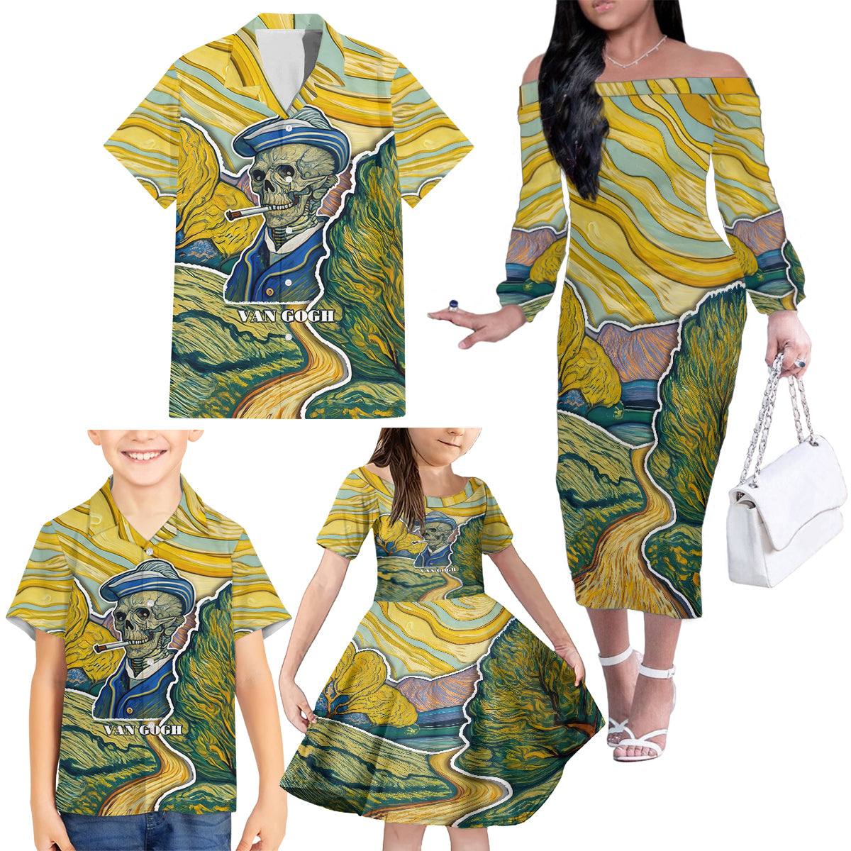 Vincent Van Gogh Skull Family Matching Off Shoulder Long Sleeve Dress and Hawaiian Shirt - Wonder Print Shop