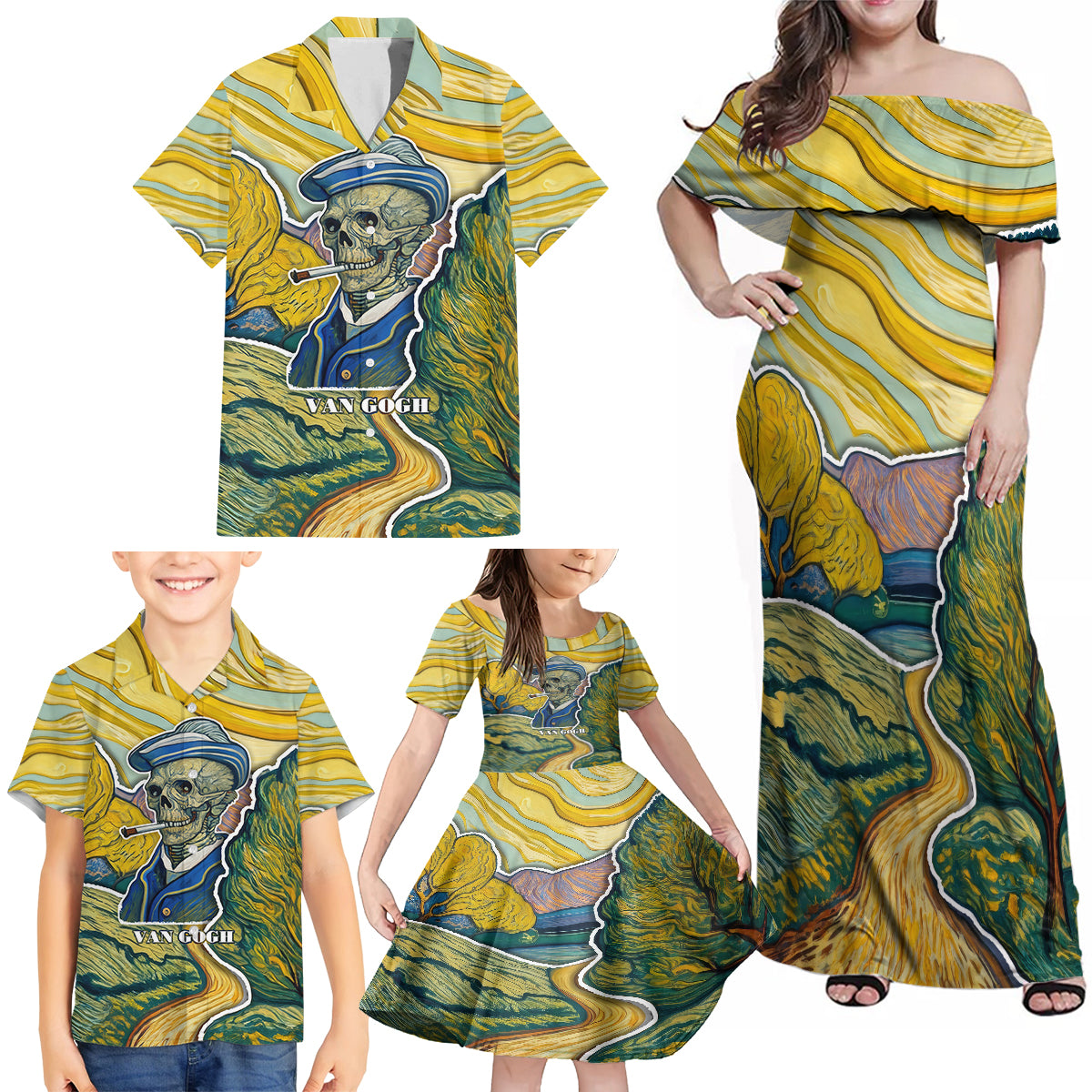 Vincent Van Gogh Skull Family Matching Off Shoulder Maxi Dress and Hawaiian Shirt - Wonder Print Shop