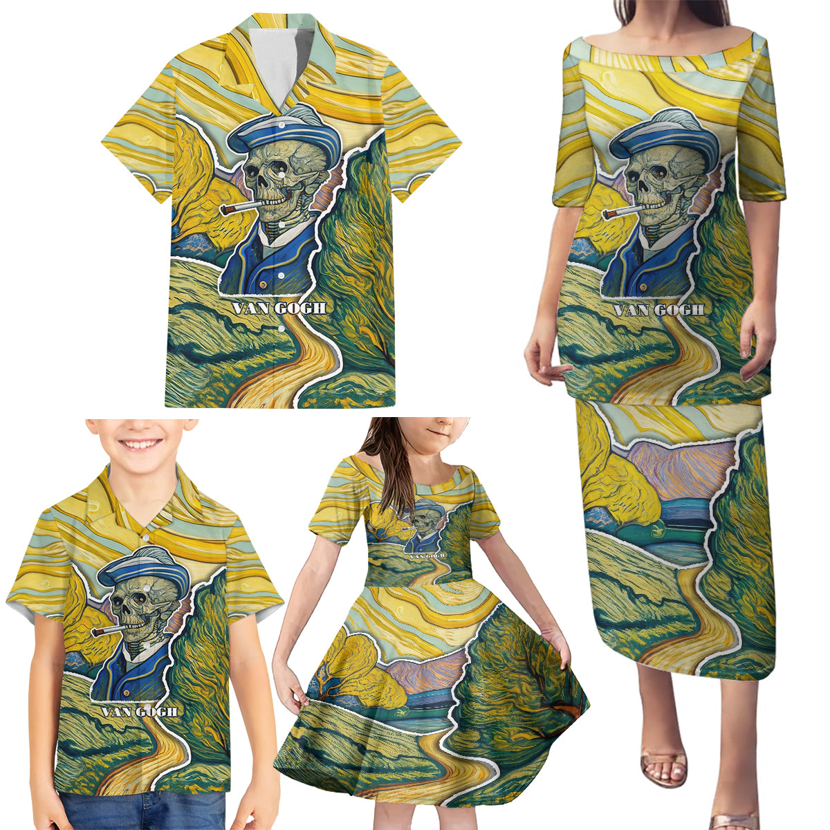 Vincent Van Gogh Skull Family Matching Puletasi Dress and Hawaiian Shirt - Wonder Print Shop