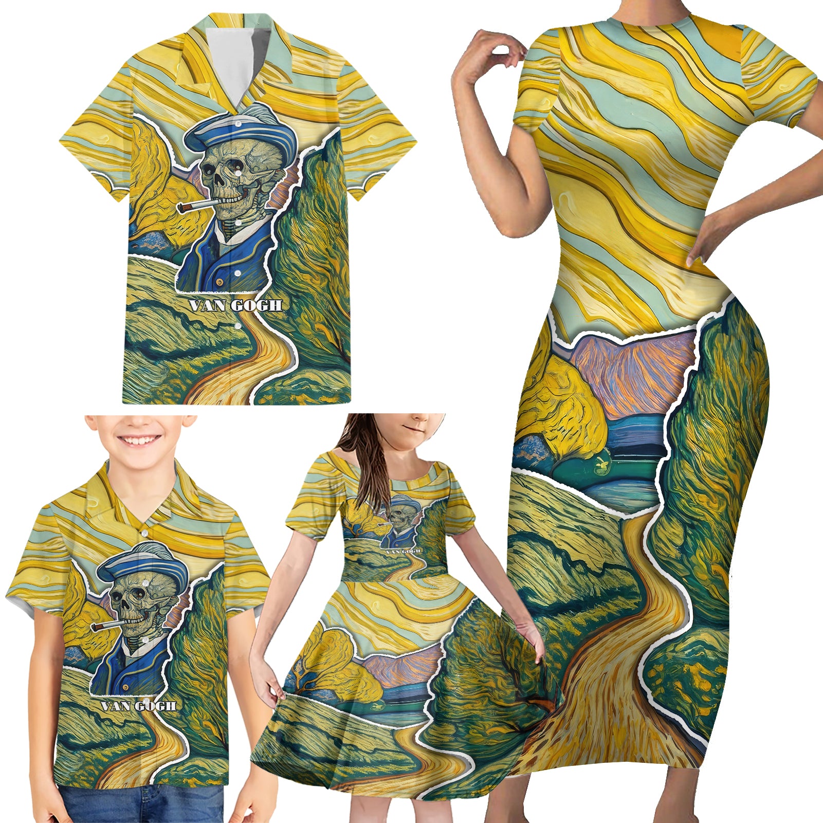 Vincent Van Gogh Skull Family Matching Short Sleeve Bodycon Dress and Hawaiian Shirt - Wonder Print Shop