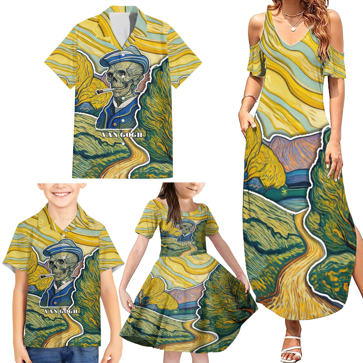 Vincent Van Gogh Skull Family Matching Summer Maxi Dress and Hawaiian Shirt - Wonder Print Shop