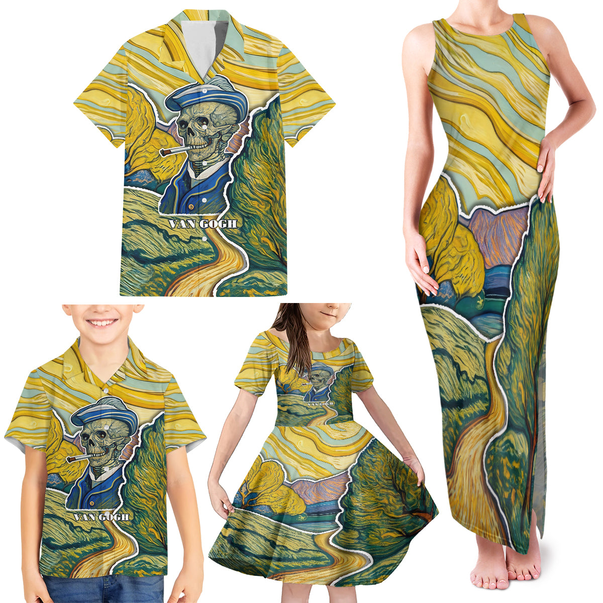 Vincent Van Gogh Skull Family Matching Tank Maxi Dress and Hawaiian Shirt - Wonder Print Shop