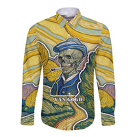 Multicolor long-sleeve button shirt with Van Gogh skull graphic, front view.