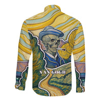 Multicolor long-sleeve button shirt with Van Gogh skull graphic, back view.