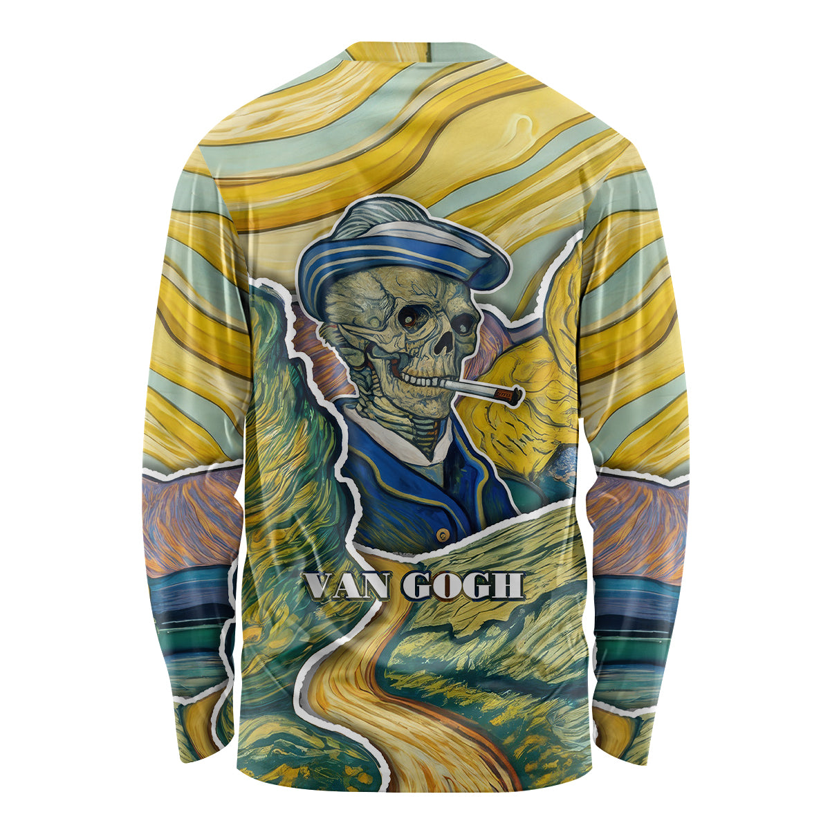 Unisex long-sleeve shirt with Van Gogh skull graphic on back, multicolor yellow blue green
