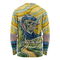 Unisex long-sleeve shirt with Van Gogh skull graphic on back, multicolor yellow blue green