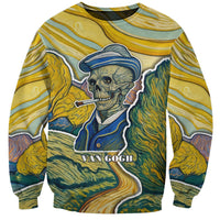 Unisex skull graphic sweatshirt with VAN GOGH text and yellow-blue striped print