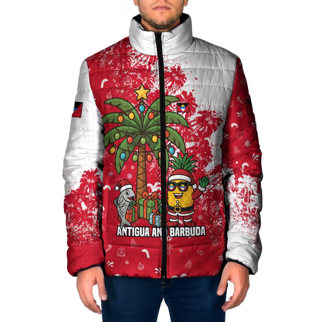Antigua and Barbuda Christmas Padded Jacket with Santa Pineapple Palm Tree Parrot and Gift Design - Wonder Print Shop