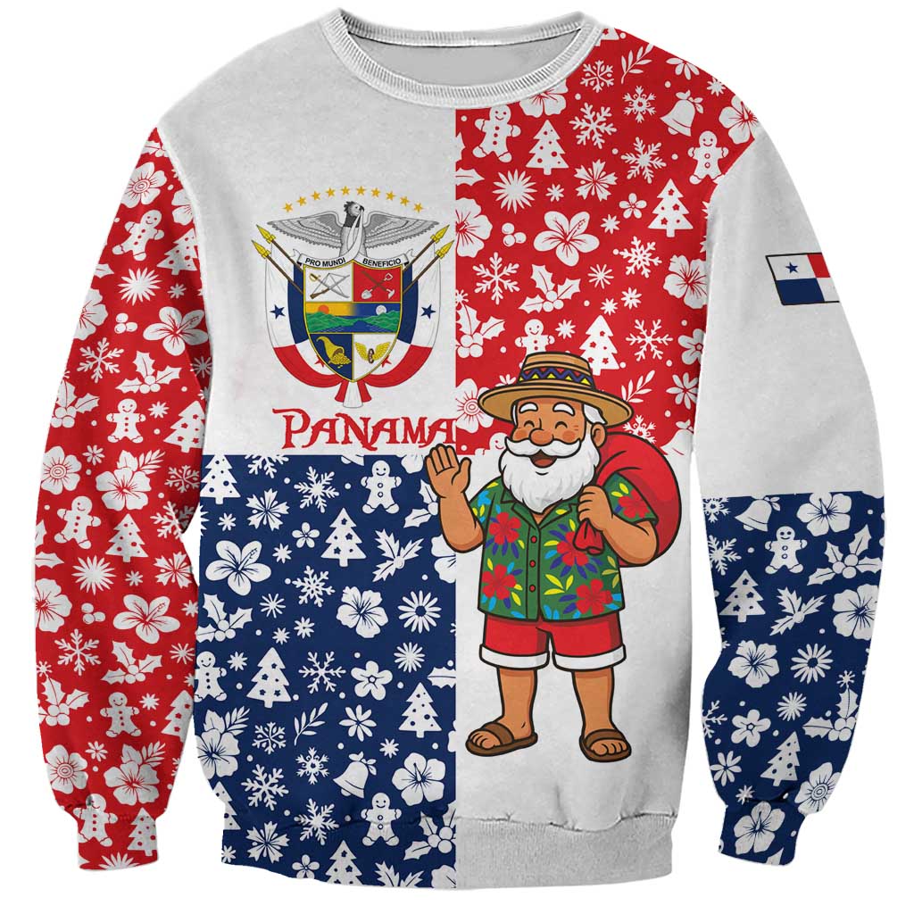 Panama Christmas Sweatshirt with Tropical Santa National Coat of Arms and Festive Pattern Design - Wonder Print Shop