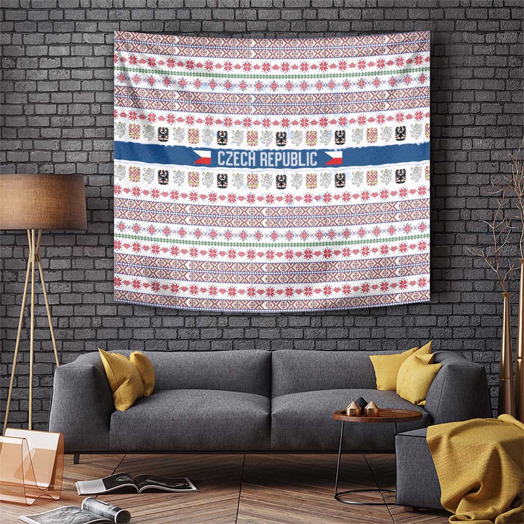 Czech Republic Christmas Tapestry with Folk Embroidery Design, National Coat of Arms, and Festive Motif - Wonder Print Shop