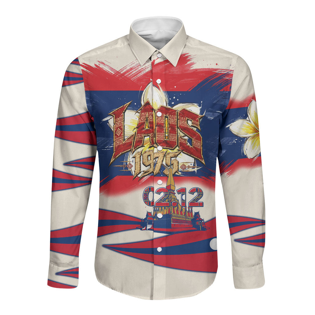 Laos National Day 1975 Long Sleeve Button Shirt Laos Flag Independence Culture Heritage Artwork