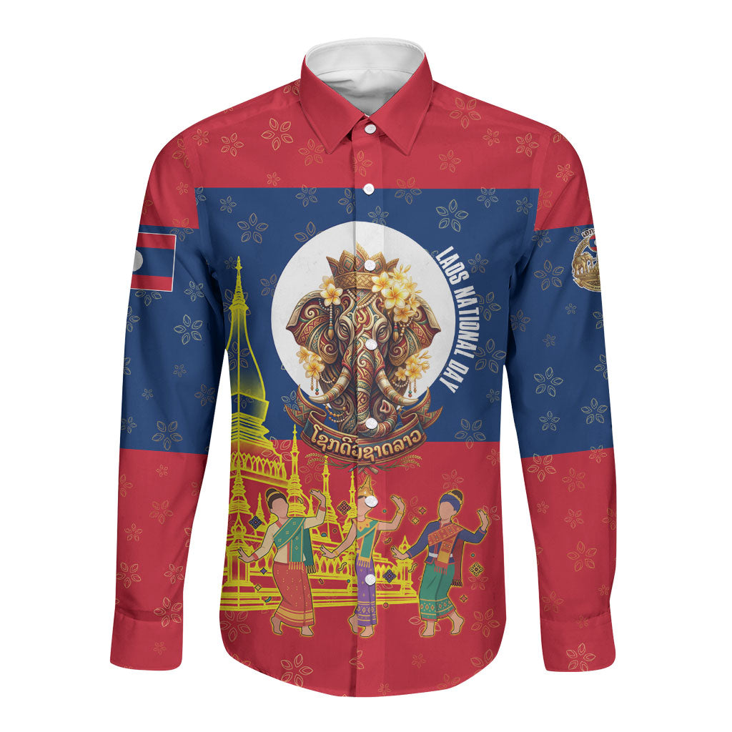 Laos National Day Elephant Long Sleeve Button Shirt Laos Flag Traditional Graphic Art Patriotic