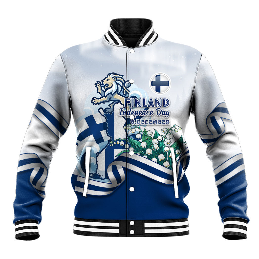 Finland Independence Day Baseball Jacket Finnish Flag Crest Swan Helsinki Cathedral Lily Of Valley