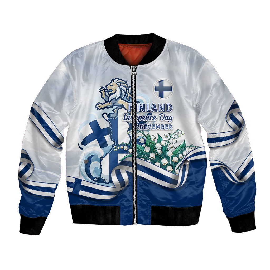Finland Independence Day Bomber Jacket Finnish Flag Crest Swan Helsinki Cathedral Lily Of Valley