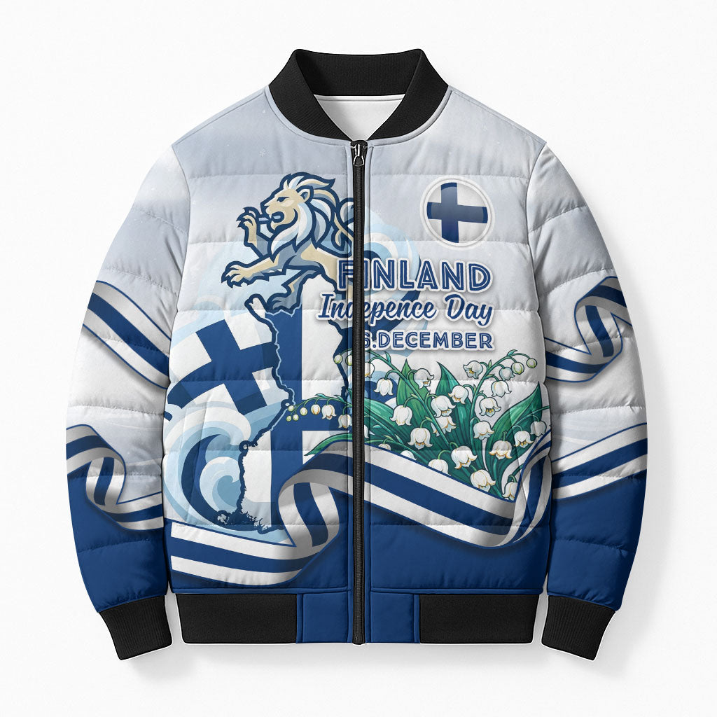 Finland Independence Day Bomber Puffer Jacket Finnish Flag Crest Swan Helsinki Cathedral Lily Of Valley