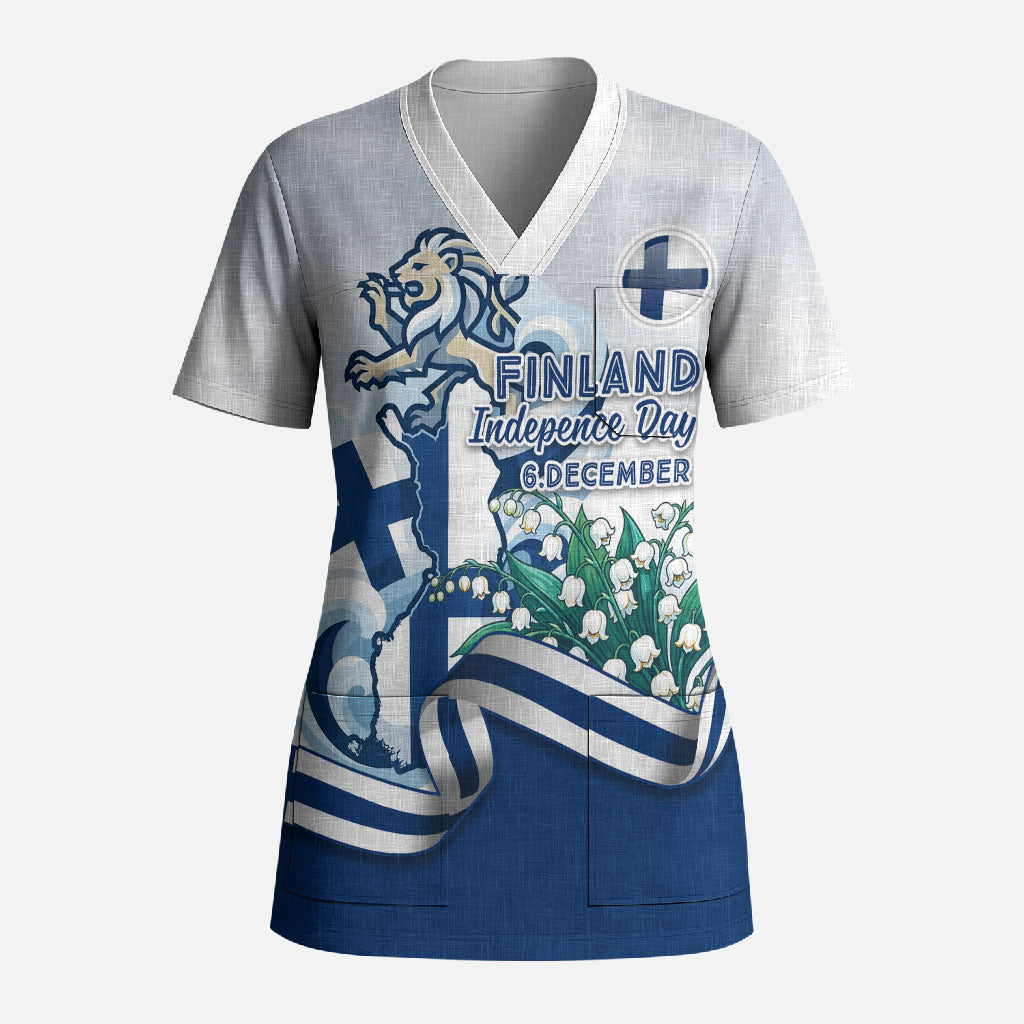 Finland Independence Day Scrub Top Finnish Flag Crest Swan Helsinki Cathedral Lily Of Valley