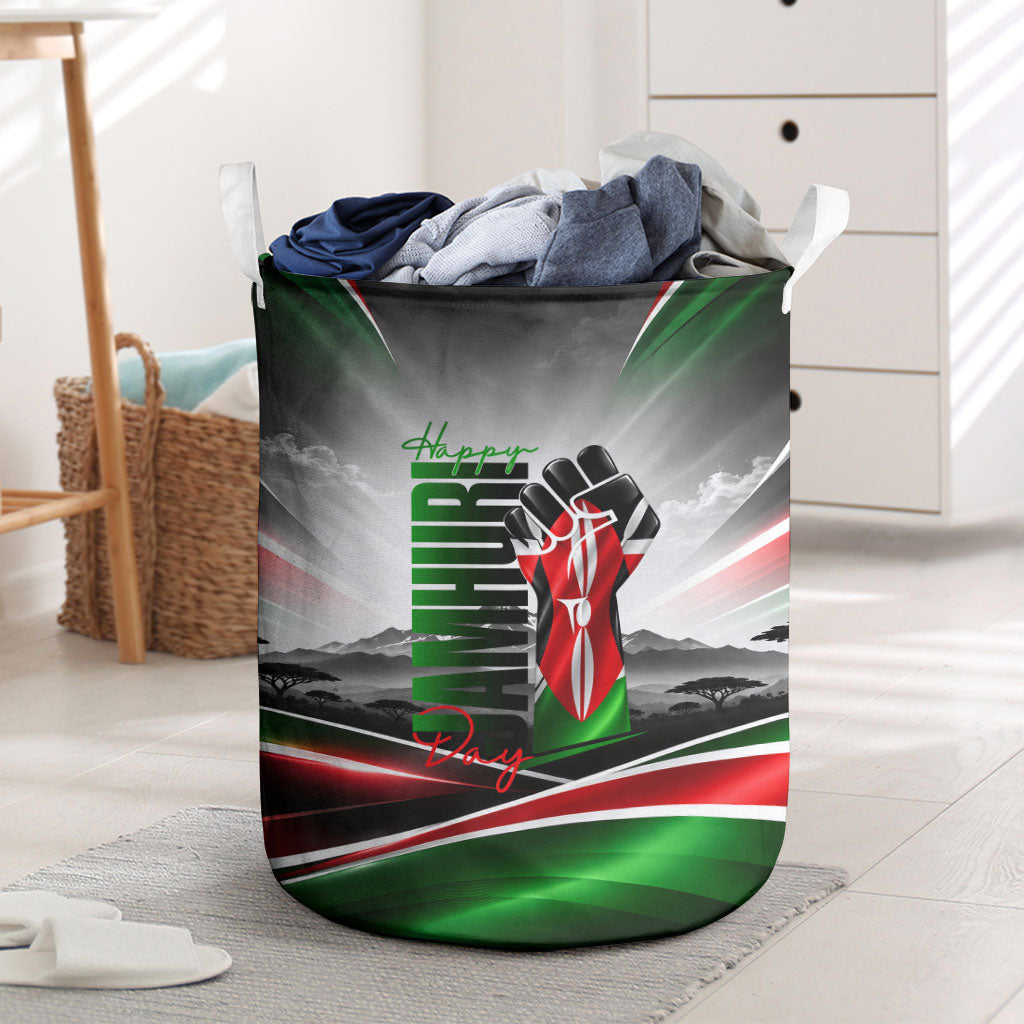 Kenya Jamhuri Day Laundry Basket Kenyan Flag Raised Fist Maasai Spear Landscape