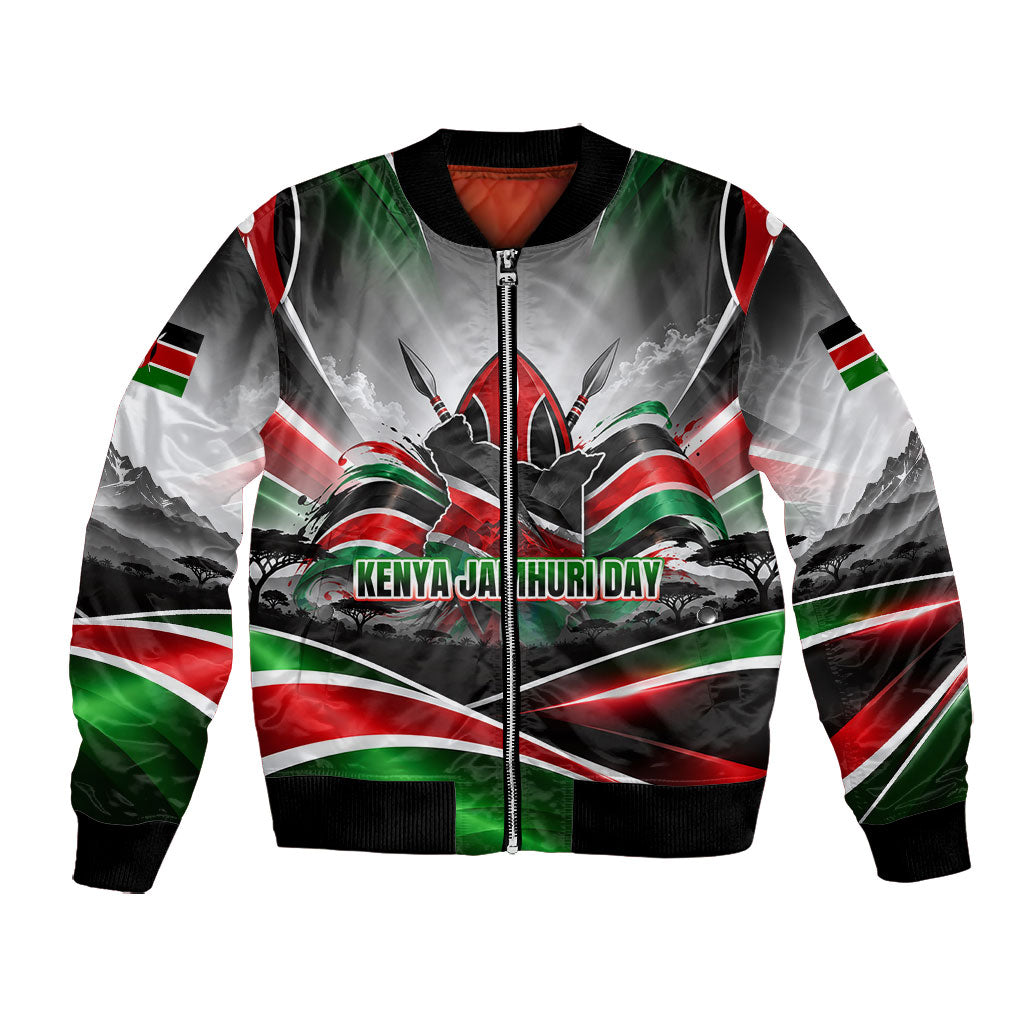 Kenya Jamhuri Day Bomber Jacket Kenyan Flag Raised Fist Maasai Spear Landscape