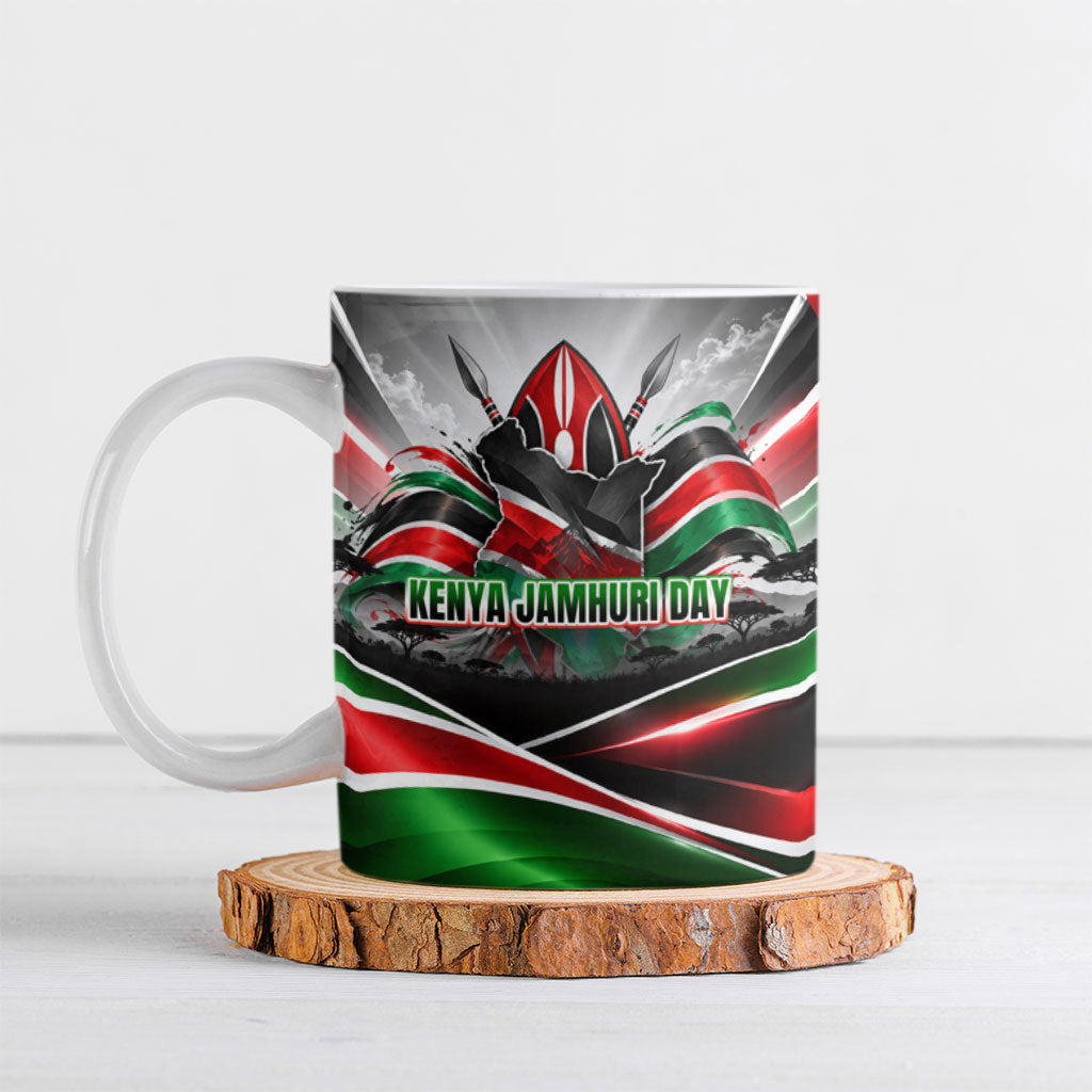 Kenya Jamhuri Day Ceramic Mug Kenyan Flag Raised Fist Maasai Spear Landscape