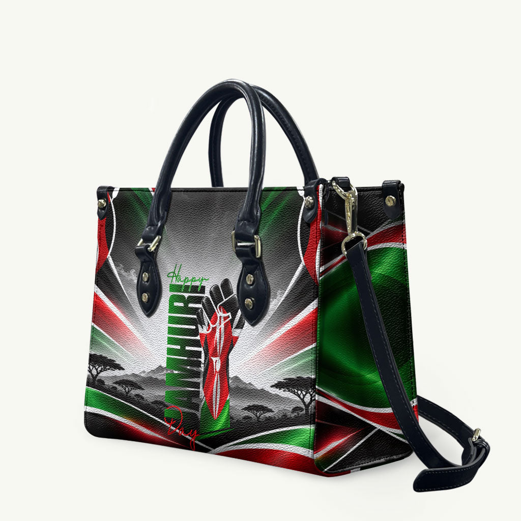 Kenya Jamhuri Day Leather Bag Kenyan Flag Raised Fist Maasai Spear Landscape