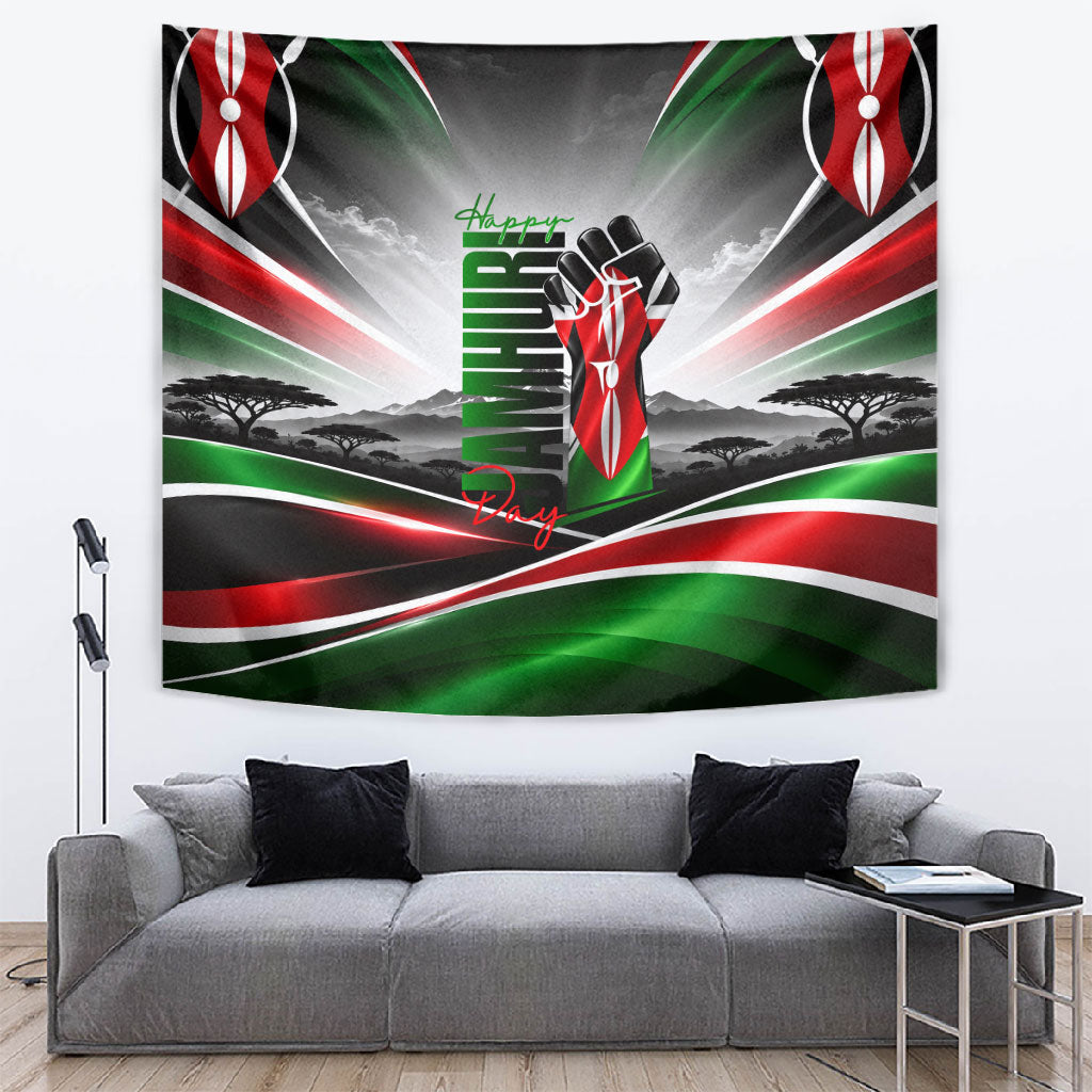 Kenya Jamhuri Day Tapestry Kenyan Flag Raised Fist Maasai Spear Landscape