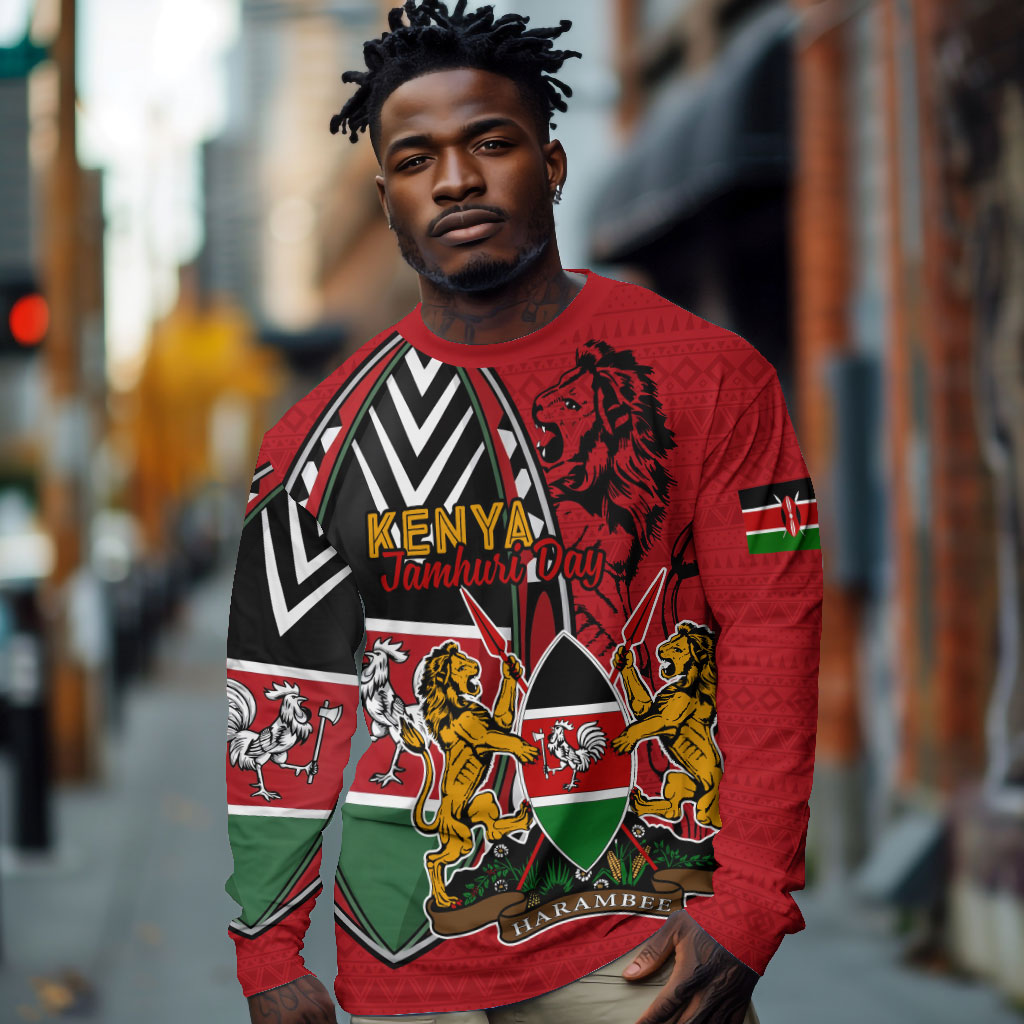 Kenya Jamhuri Day Long Sleeve Shirt Harambee Spirit Lion Flag Tribal