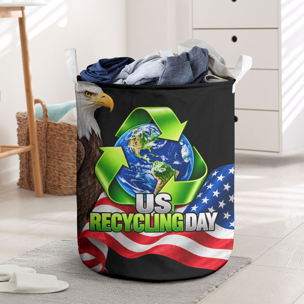 Recycling Day Bald Eagle Laundry Basket American Flag And Earth Green Recycle